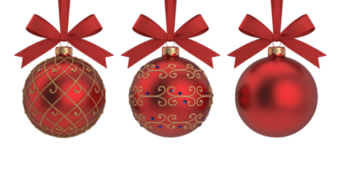 Three red christmas balls with red ribbons isolated on transparent background