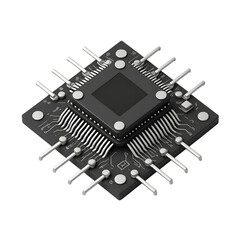 Close up of a black integrated circuit chip isolated on transparent background