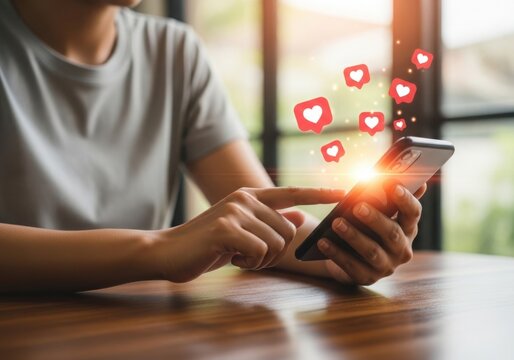 Person using a smartphone with social media likes and hearts appearing