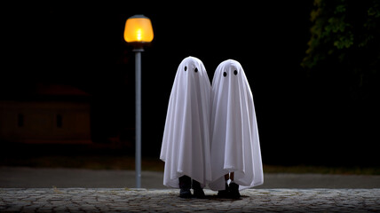 Kids in themed spooky costumes stand together at night under streetlight creating mysterious atmosphere