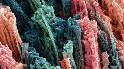 Detailed micrograph reveals colorful arrangement of microscopic fibrous structures