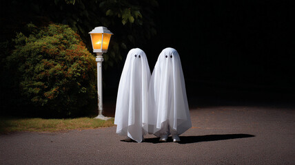 Kids in themed spooky costumes stand together at night under glowing street lamp outdoors