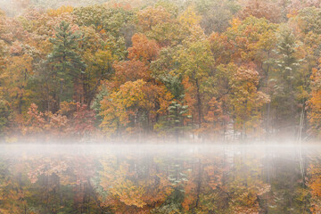 Foggy,  snow flocked autumn landscape of Hall Lake with mirrored reflections in calm water, Yankee Springs State Park, Michigan, USA