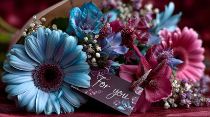 Bouquet of blue, pink, white flowers with a tag for you on a red background. February 14, Valentine day. Flat Vector illustration of EPS10.