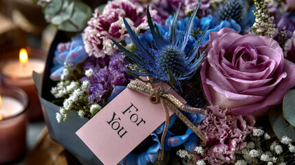 Bouquet of blue, pink, white flowers with a tag for you on a pink background. February 14, Valentine day. Flat Vector illustration of EPS10.