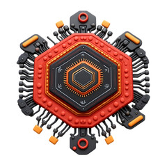 Intricate hexagonal futuristic technological emblem isolated on transparent background