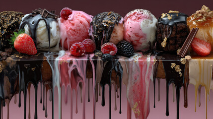 Vertical background with hand drawn layers of drops of ice cream, chocolate, glaze, topping, vanilla, strawberry, creme brulee, caramel. Long drop, dripping drip from cake, dessert, gelato. EPS10