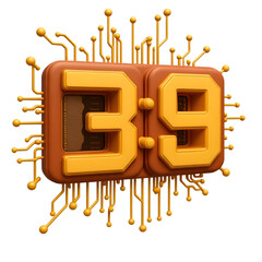 3 9 digital display with circuit board elements isolated on transparent background