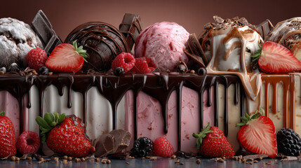 Vertical background with hand drawn layers of drops of ice cream, chocolate, glaze, topping, vanilla, strawberry, creme brulee, caramel. Long drop, dripping drip from cake, dessert, gelato. EPS10