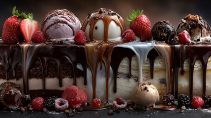 Vertical background with hand drawn layers of drops of ice cream, chocolate, glaze, topping, vanilla, strawberry, creme brulee, caramel. Long drop, dripping drip from cake, dessert, gelato. EPS10