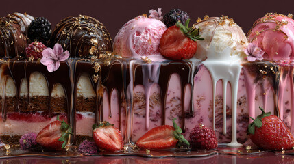 Vertical background with hand drawn layers of drops of ice cream, chocolate, glaze, topping, vanilla, strawberry, creme brulee, caramel. Long drop, dripping drip from cake, dessert, gelato. EPS10