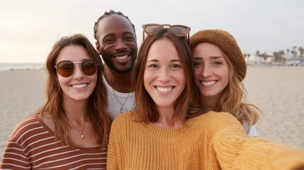 Cheerful Group of Friends Taking a Selfie at the Beach, Smiling and Enjoying Each Other's Company During a Relaxing Day in the Sun