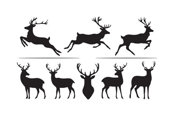 Eight deer silhouettes including frontal antler view and running poses, suitable for wildlife, hunting, and nature-themed vector art.