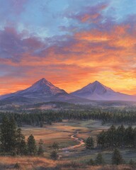 Colorful Mountain Sunset Over Valley