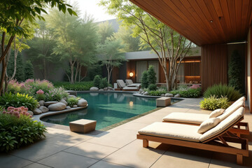 Retreat and vacation. Spa private swimming pool in beautiful hotel backyard. AI