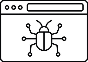 Software bug icon, browser window with insect symbol, debugging graphic, coding error alert, web development issue, vector interface illustration