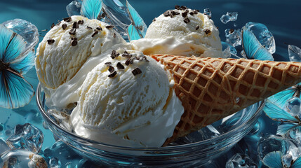 Large summer Vanilla Ice Cream Clipart set, Collection. Soft white gelato, melted scoop in waffle cone on blue background. Isolated Hand drawn flat Vector illustration EPS10