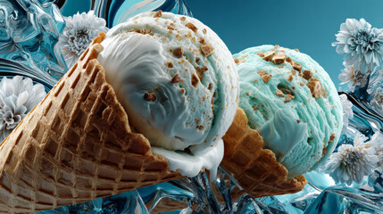 Large summer Vanilla Ice Cream Clipart set, Collection. Soft white gelato, melted scoop in waffle cone on blue background. Isolated Hand drawn flat Vector illustration EPS10