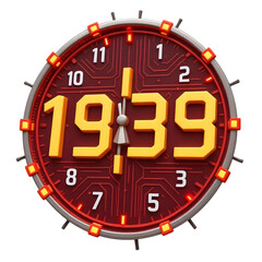 Digital clock face with glowing numbers isolated on transparent background