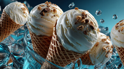 Large summer Vanilla Ice Cream Clipart set, Collection. Soft white gelato, melted scoop in waffle cone on blue background. Isolated Hand drawn flat Vector illustration EPS10