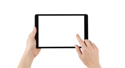 Hands interacting with a blank screen tablet on a black background.