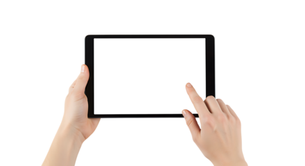 Hands interacting with a blank screen tablet on a black background.