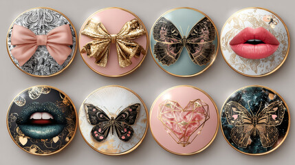 Сute set of gold gift stickers in round shape for gifts with outline hand drawn bow, lips, heart with inscription, colorful trendy label, vector illustration EPS10. Element for wrapping paper, logo