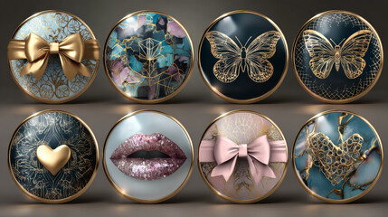 Сute set of gold gift stickers in round shape for gifts with outline hand drawn bow, lips, heart with inscription, colorful trendy label, vector illustration EPS10. Element for wrapping paper, logo