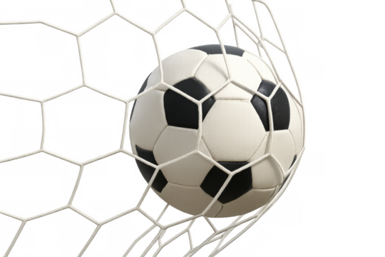 Football ball finding the back of the net, scoring a goal in a world cup or competitive match, win concept - Powered by Adobe