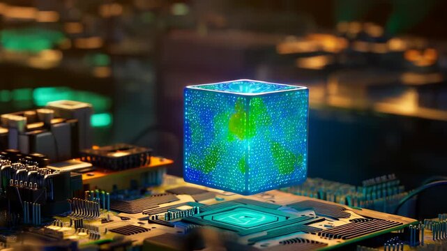 Glowing Digital Cube Hovering Over Circuit Board in Tech Environment
