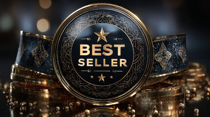 Gold sticker, template, label. Round shiny luxury premium vip metalic emblem Best Seller. Award, medal with star. Isolated element on transparent background EPS10 Vector