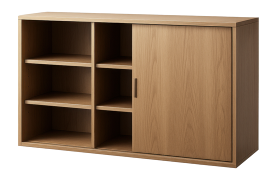 Sliding door shelving unit for discreet storage in a neat apartment workspace.