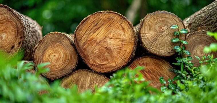 The Logs Stacked in a Lush Green Forest Setting with Fresh Cut Ends - Powered by Adobe