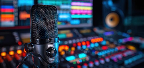The Microphone in a Colorful Professional Audio Mixing Studio for Podcasting and Broadcasting