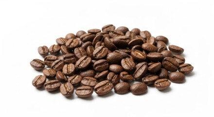 Obraz premium Pile of roasted coffee beans isolated on white background, close-up studio shot