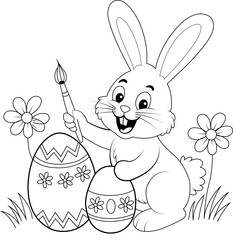 Easter bunny painting eggs line art illustration, cute rabbit outline drawing with flowers