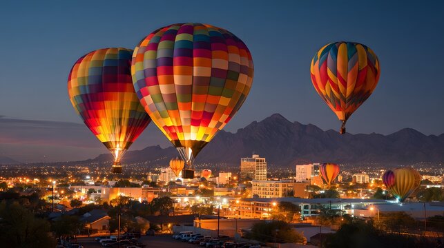 Several brightly colored hot air balloons ascend over a metropolitan area during twilight hours