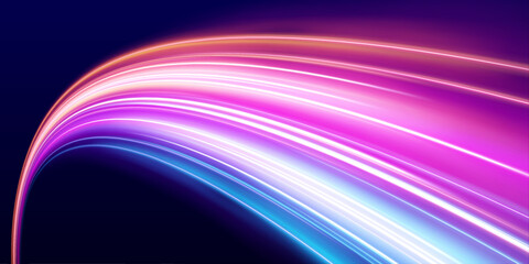 Abstract light trails twist and flow through a digital space, creating a sense of movement and speed. The glowing paths suggest energy and dynamic motion. Ideal for tech visuals.