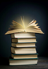 Fototapeta premium Stack of vintage books with open book emitting light representing knowledge wisdom and education on a dark background