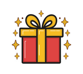 Red gift box with yellow ribbon and sparkles, ideal for festive, birthday, or holiday-themed design and celebration graphics.