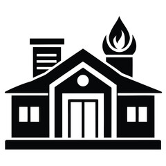 Black and white vector silhouette building with smokestack and flame