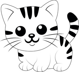 Cute cartoon cat line art illustration, adorable kitten outline drawing. Black and white baby pet animal vector for kids coloring page