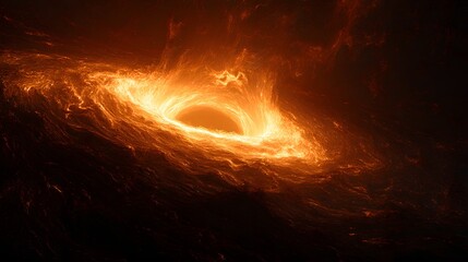 Brilliant orange accretion disk spirals intensely toward a dark cosmic singularity