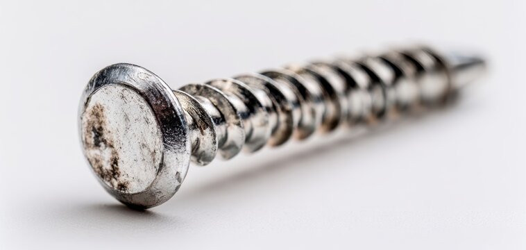 The screw closeup showing rusted metal texture and threaded detail on white