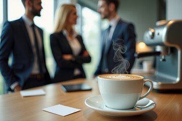 Coworkers having business lunch, cup of coffee on blurred office background. AI