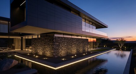 Obraz premium Contemporary Luxury Villa with Striking Linear Lighting and Reflective Pool at Dusk.