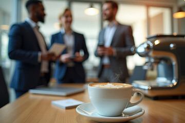 Coworkers having business lunch, cup of coffee on blurred office background. AI