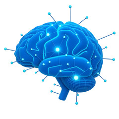 Abstract blue brain with glowing connections isolated on transparent background