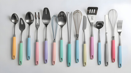 Row of Kitchen Utensils with Bright Pastel Color Handles