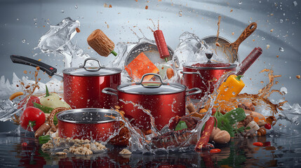 Dynamic Red Cookware and Fresh Ingredients with Water Splash